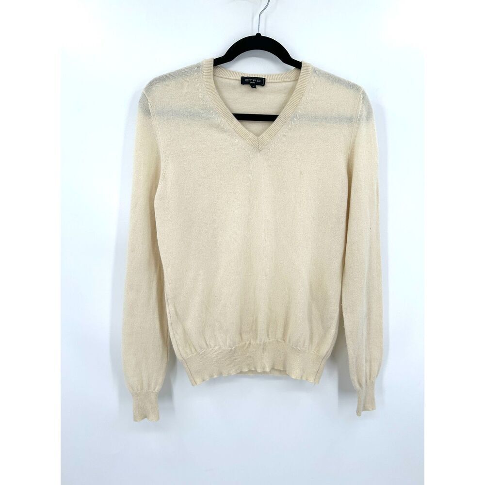 ETRO *Flawed* Women's Ivory Cream 100% Cashmere V-Neck Pullover Sweater Large
